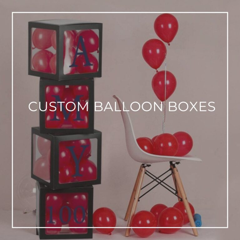 a stack of 4 custom balloon boxes spelling 'Amy is 100' filled with red balloons