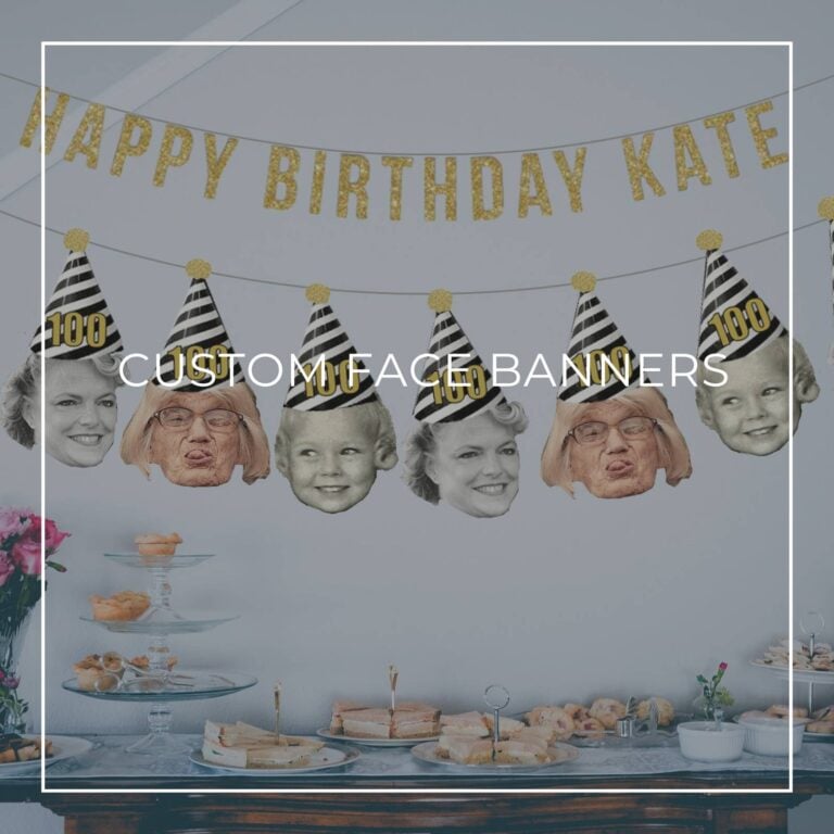 100th birthday custom face photo banners showing birthday girl at different ages hung above party dessert table