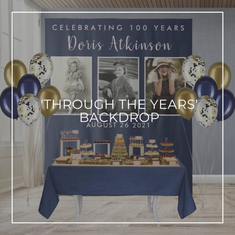 Celebrating 100 Years custom photo birthday backdrop behind a party dessert table