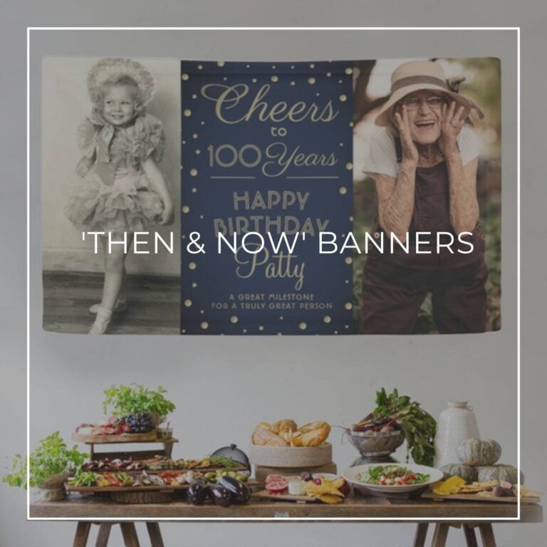 Cheers to 100 Years custom 'Then & Now' photo birthday banner decorations hung above party food table