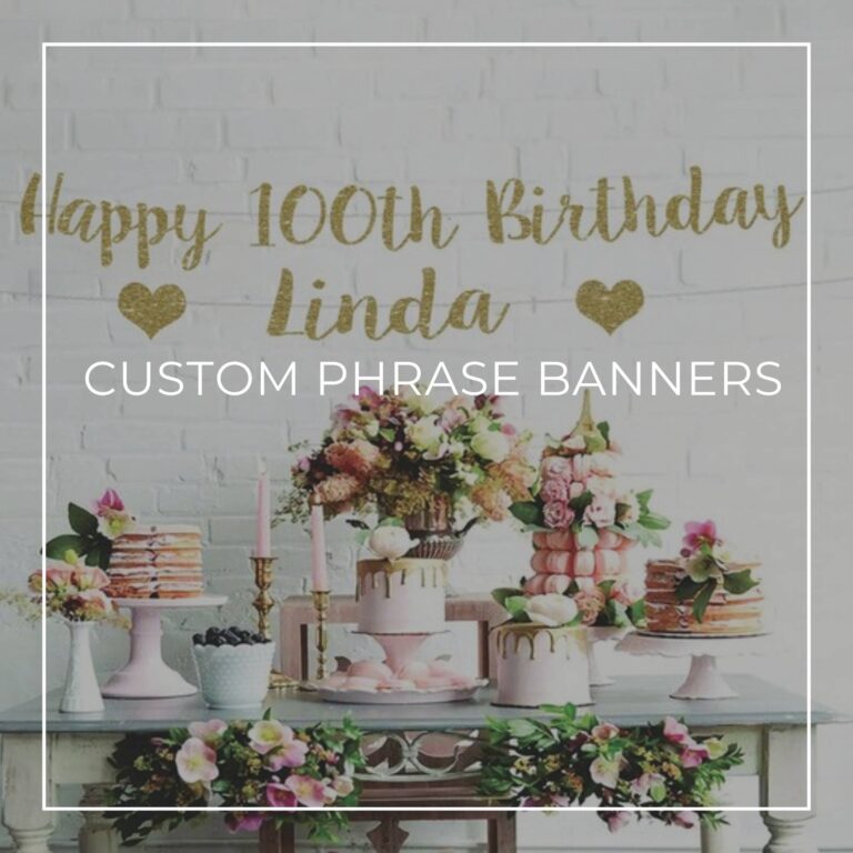 Happy 100th Birthday Linda custom phrase birthday party banner hanging above a party dessert table