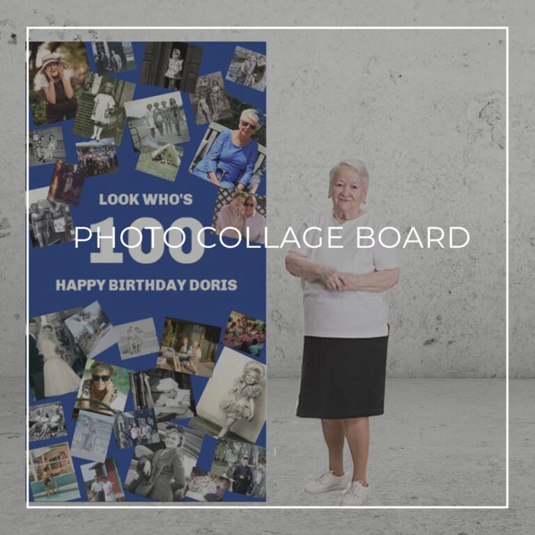 Look who's 100 freestanding 100th birthday photo collage board decoration showing photos of the birthday girl through the years