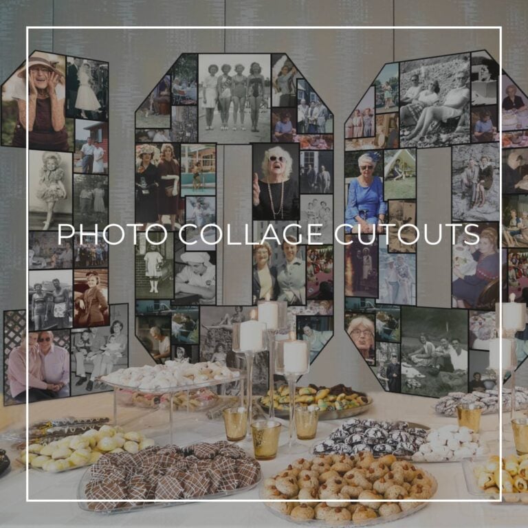 number 100 'through the years' photo collage cutout decorations standing on a party dessert table showing photos of the 100th birthday girl