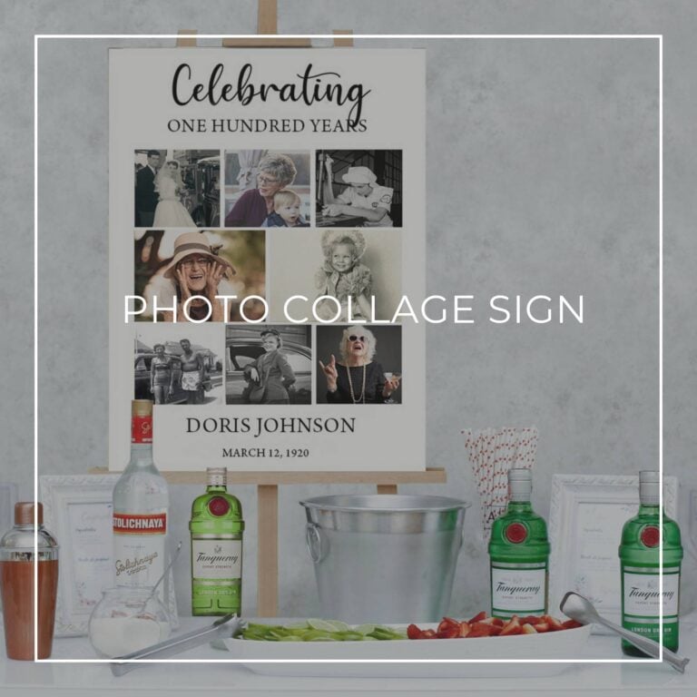 celebrating 100 years birthday photo collage sign set up on a party drinks table bar