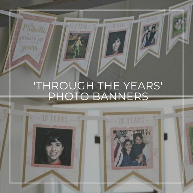 100th birthday photo garland banners showing the birthday girl 'through the years'