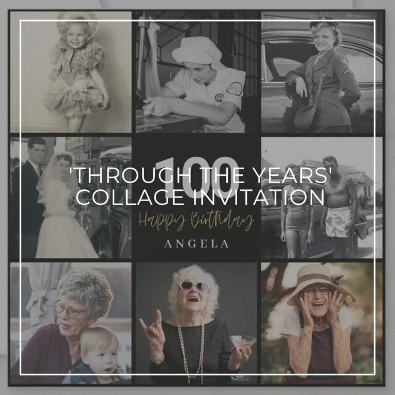 100th birthday party photo collage invitation showing the birthday girl 'through the years'