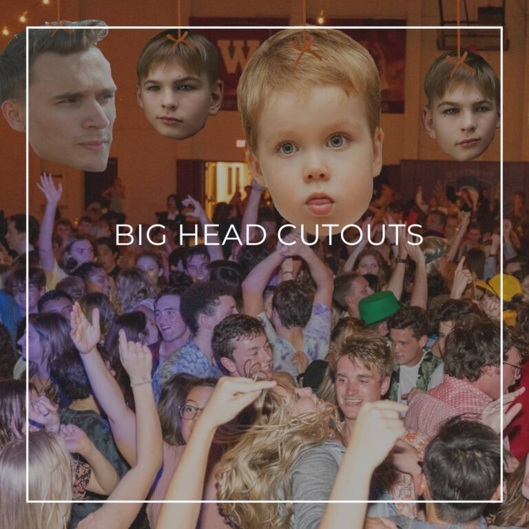 giant custom face cutouts showing the 18th birthday boy at different ages used as hanging decorations above a crowd of dancing party guests