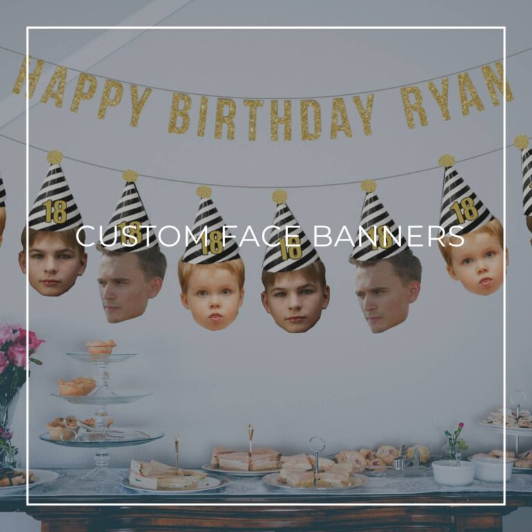 18th birthday custom face photo banners showing birthday boy at different ages hung above party dessert table