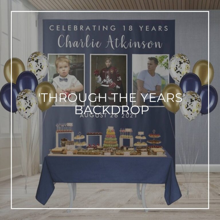 Celebrating 18 Years custom photo birthday backdrop behind a party dessert table
