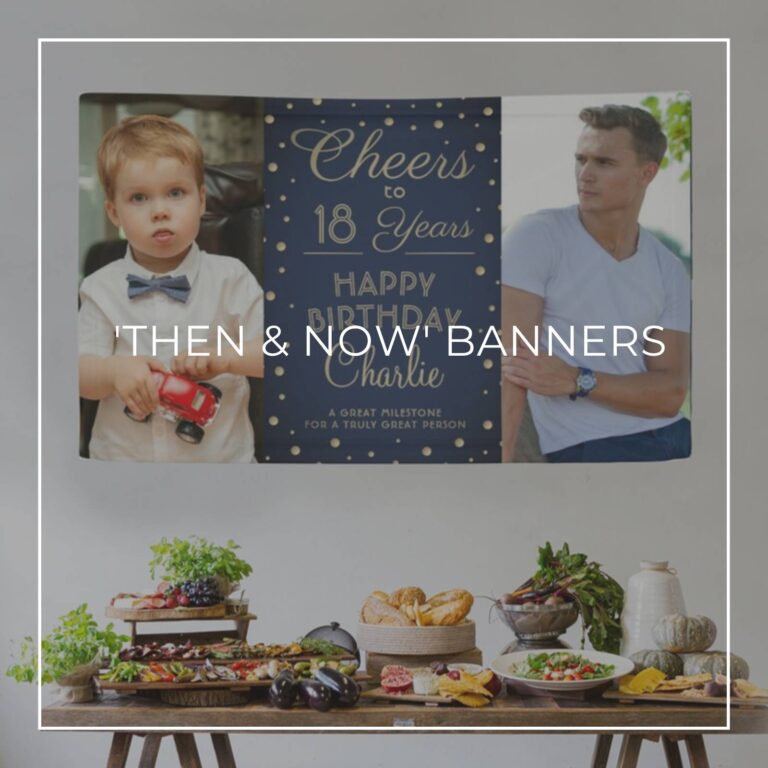 Cheers to 18 Years custom 'Then & Now' photo birthday banner decorations hung above party food table