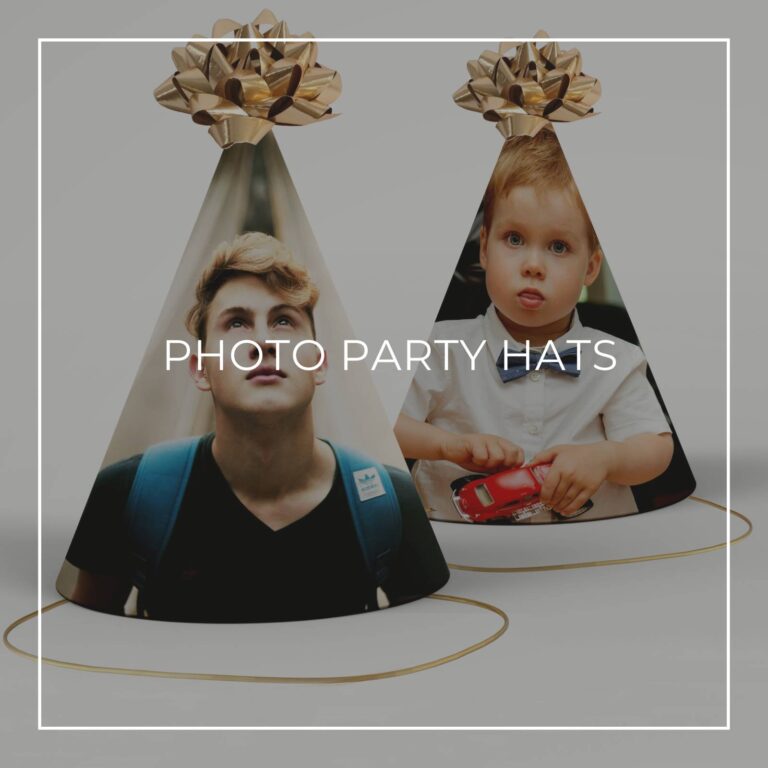 color photo party hats showing the 18th birthday boy now and as a toddler