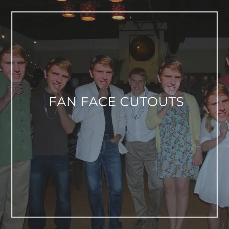 group of people holding custom fan faces of the 18th birthday boy in front of their own faces