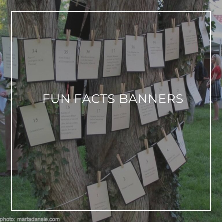 18th birthday fun facts about the birthday boy/girl garland banner decorations hanging from tree at garden party