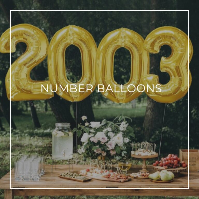 giant number balloons spelling 2003 above a dessert table for an 18th birthday party