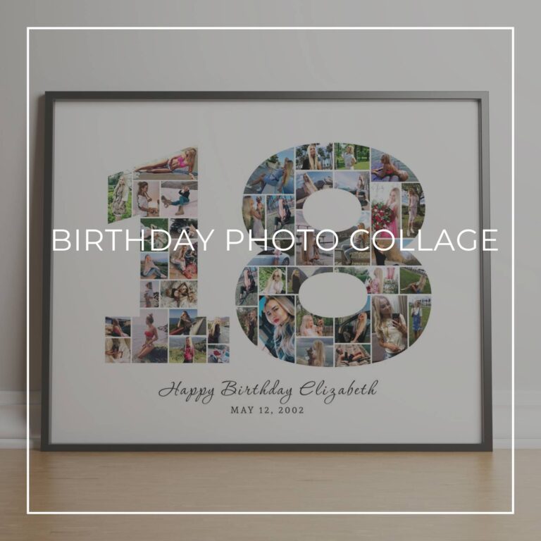 framed Happy 18th Birthday photo collage with the numbers 18 made up of 'through the years' style photos of the birthday girl at different ages