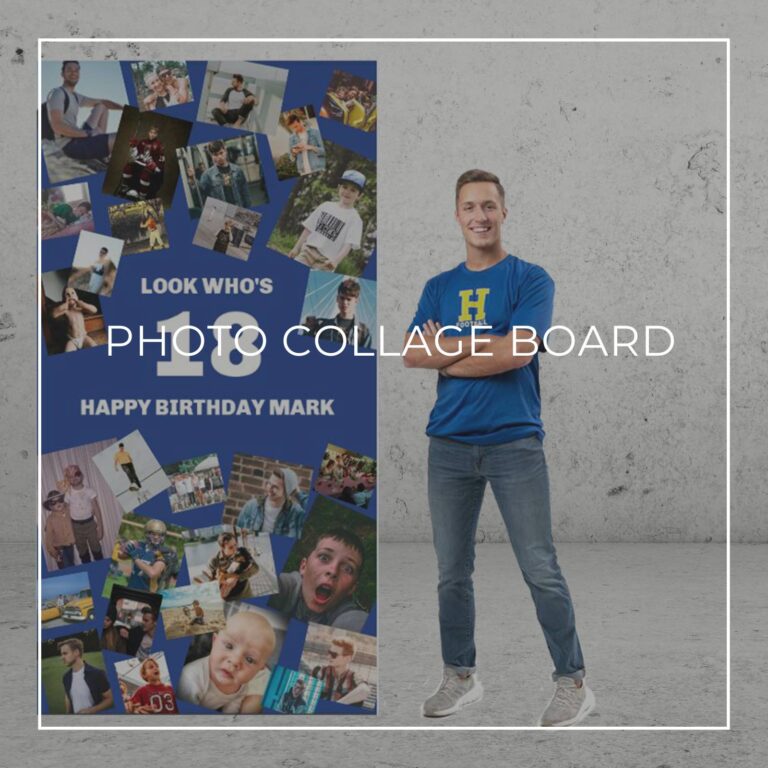 Look who's 18 freestanding 18th birthday photo collage board decoration showing photos of the birthday boy through the years