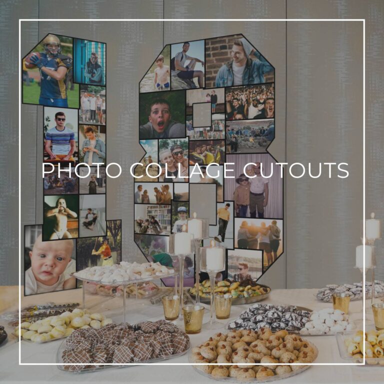 number 18 'through the years' photo collage cutout standing on a party dessert table showing photos of the 18th birthday boy