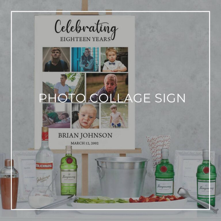 celebrating 18 years birthday photo collage sign set up on a party drinks table bar