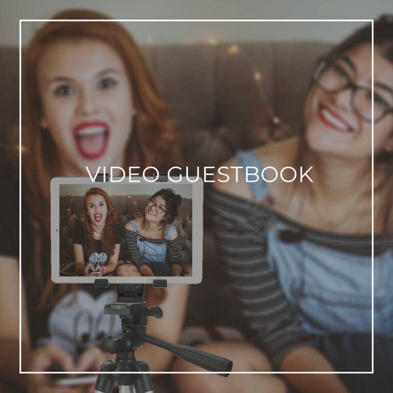 two teenage girls recording a video message on a tablet on a tripod for a 18th birthday party