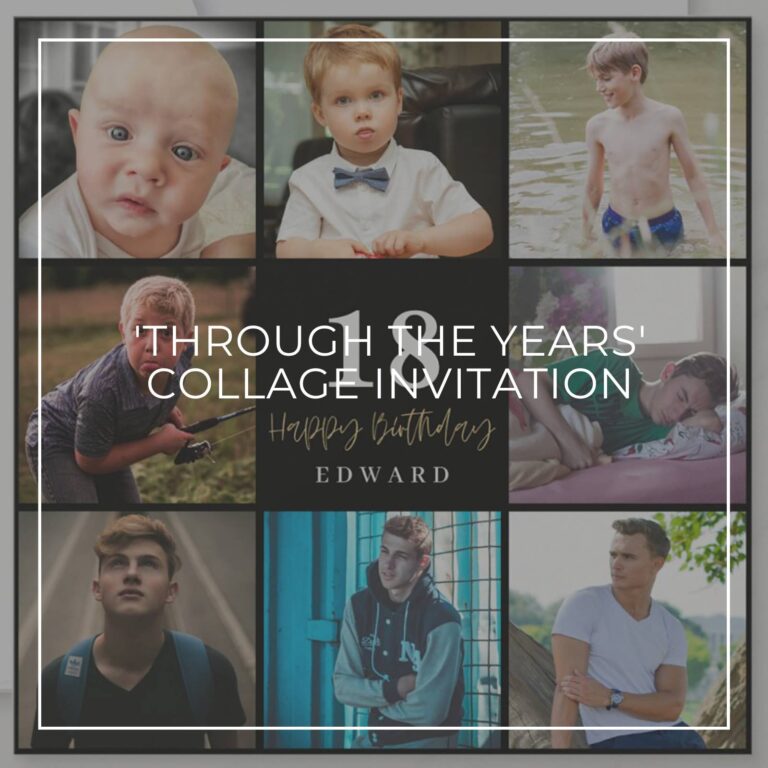 18th birthday party photo collage invitation showing the birthday boy 'through the years'