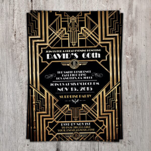 Art Deco Gatsby style gold and black 60th birthday surprise party invitation for David