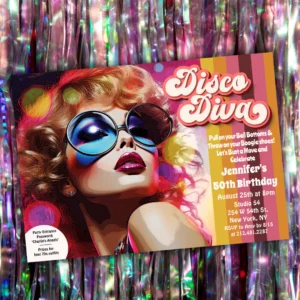 1970s Disco Diva birthday invitation with an illustrated woman in round sunglasses for Jennifer's 50th birthday