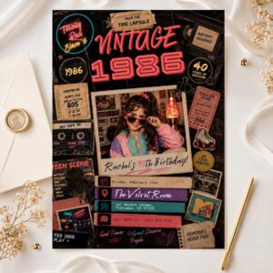 1980s scrapbook style Vintage 1986 birthday invitation with a photo, cassette tape and roller skate stickers for Rachel's 40th birthday