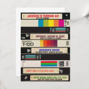 1990s VHS tape style birthday invitation reading Let's Hit Rewind for Jackson's 40th birthday