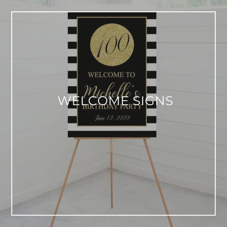 black custom 100th birthday party welcome sign on an easel