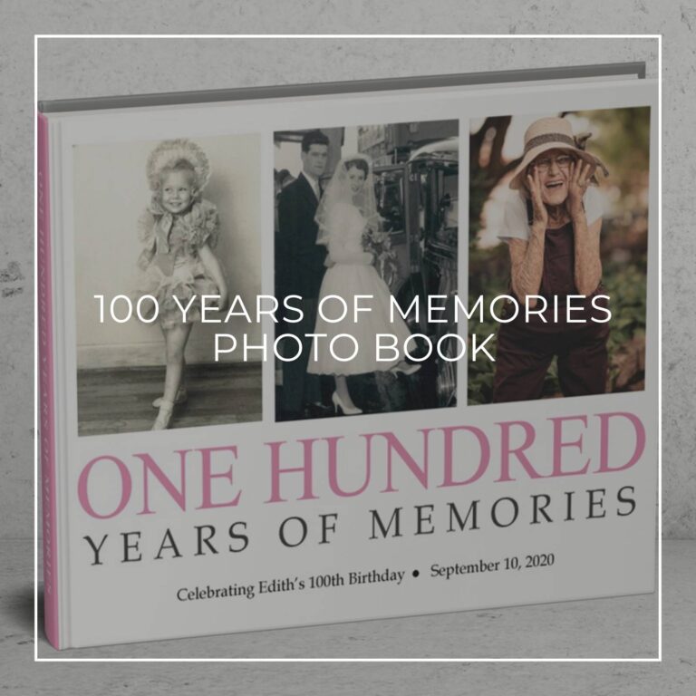 100 years of memories photo book showing the birthday girl through the years
