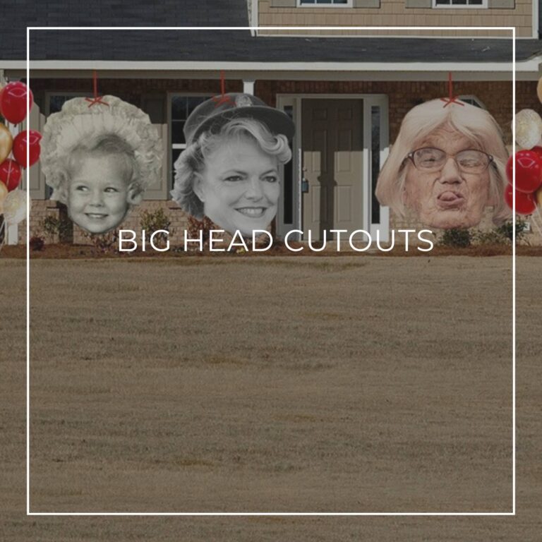 giant face cutouts showing the birthday girl over 100 years decorating the entrance to a house