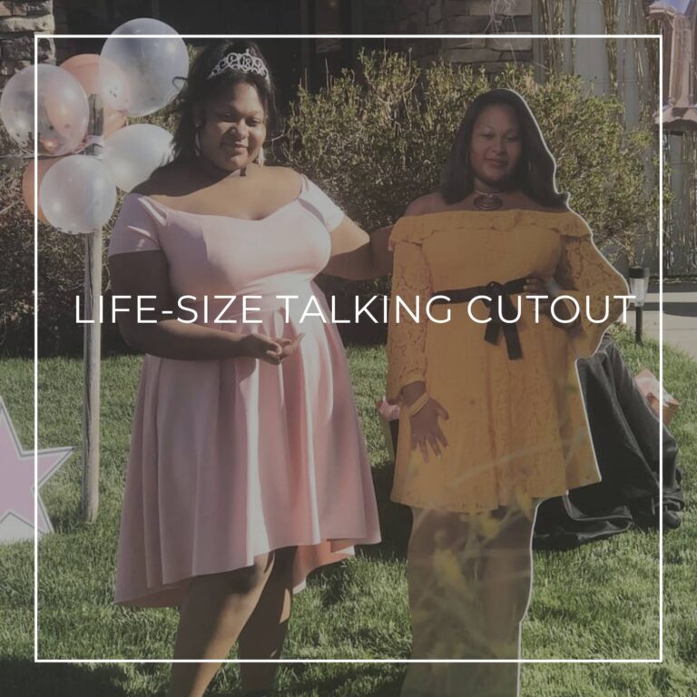 18 year old girl standing next to a life-size cutout standee of herself