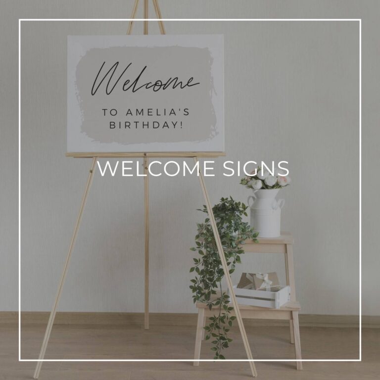 custom birthday party welcome sign on an easel
