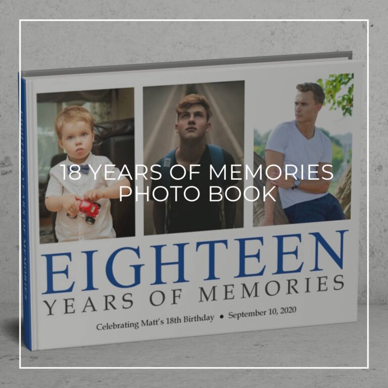 18 years of memories photo book showing the birthday boy through the years