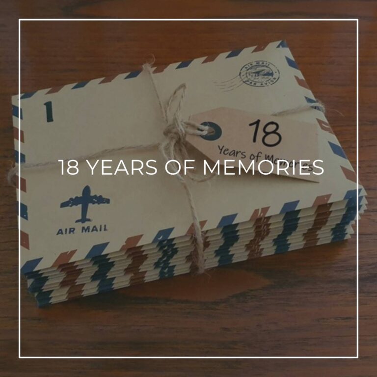 a stack of numbered '18 years of memory' letters in air mail envelopes