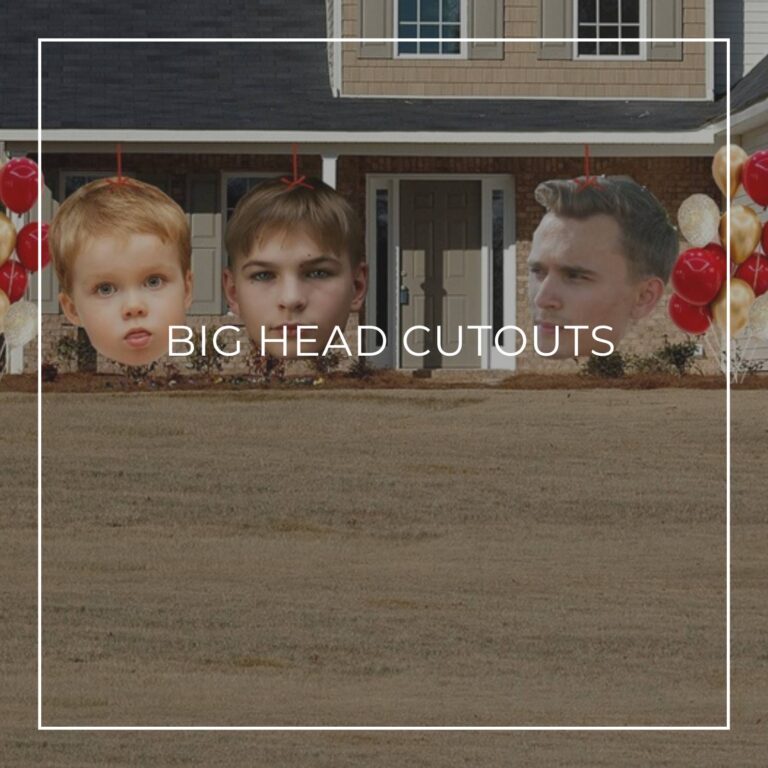 giant face cutouts showing the birthday boy over 18 years decorating the entrance to a house
