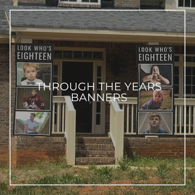 Look Who's Eighteen custom photo vertical banners showing the birthday boy 'through the years' hung either side of house door