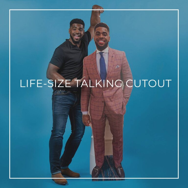 21 year old african american man standing next to a life-size cutout standee of himself