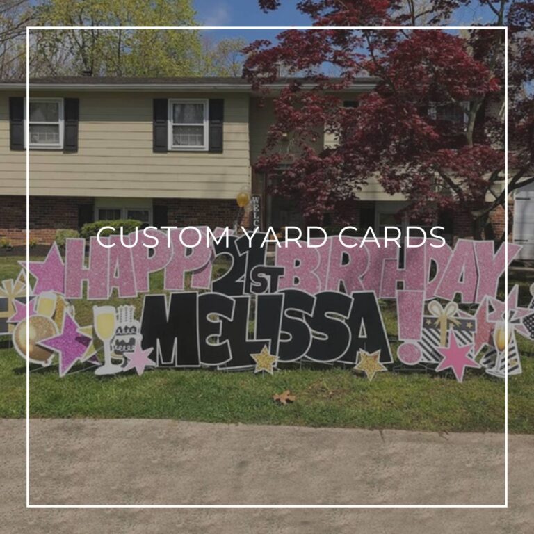 custom name and age happy birthday yard card set up on front lawn outside house