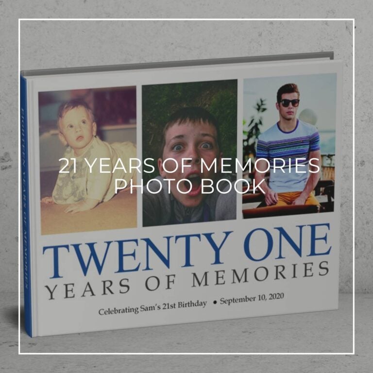 21 years of memories photo book showing the birthday boy through the years