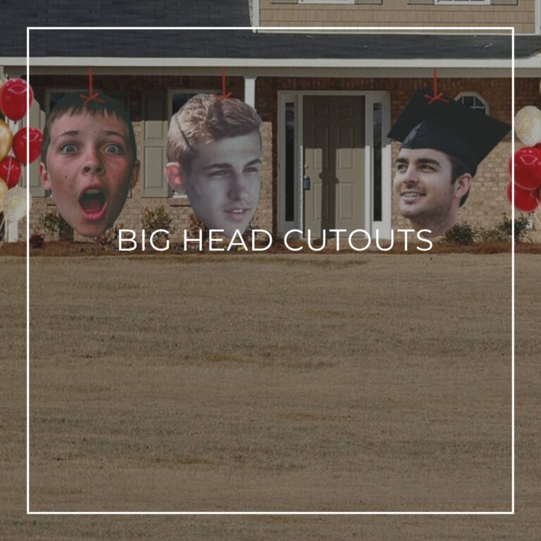 giant face cutouts showing the birthday boy over 21 years decorating the entrance to a house