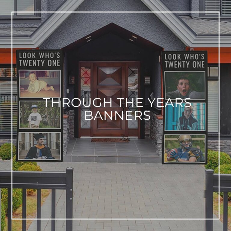 Look Who's Twenty One custom photo vertical banners showing the birthday boy 'through the years' hung either side of house door