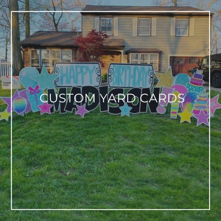 custom name and age happy birthday yard card set up on front lawn outside house