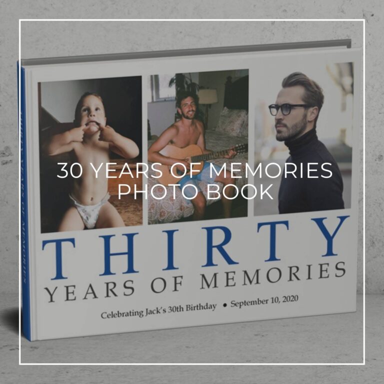 30 years of memories photo book showing the birthday boy through the years