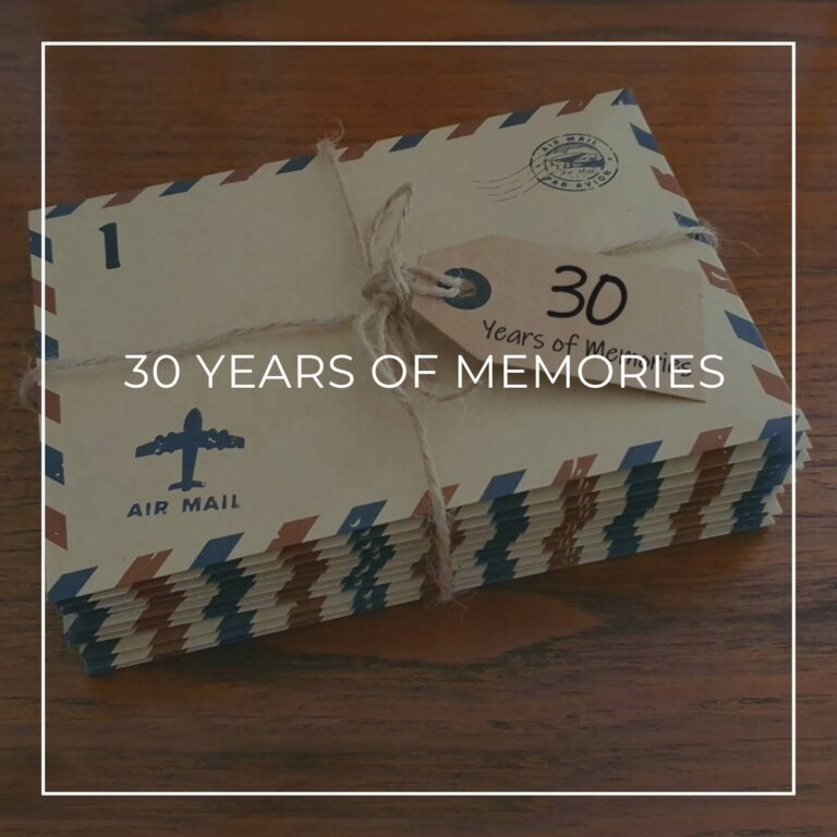 a stack of numbered '30 years of memory' letters in air mail envelopes