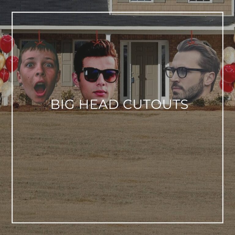 giant face cutouts showing the birthday boy over 30 years decorating the entrance to a house