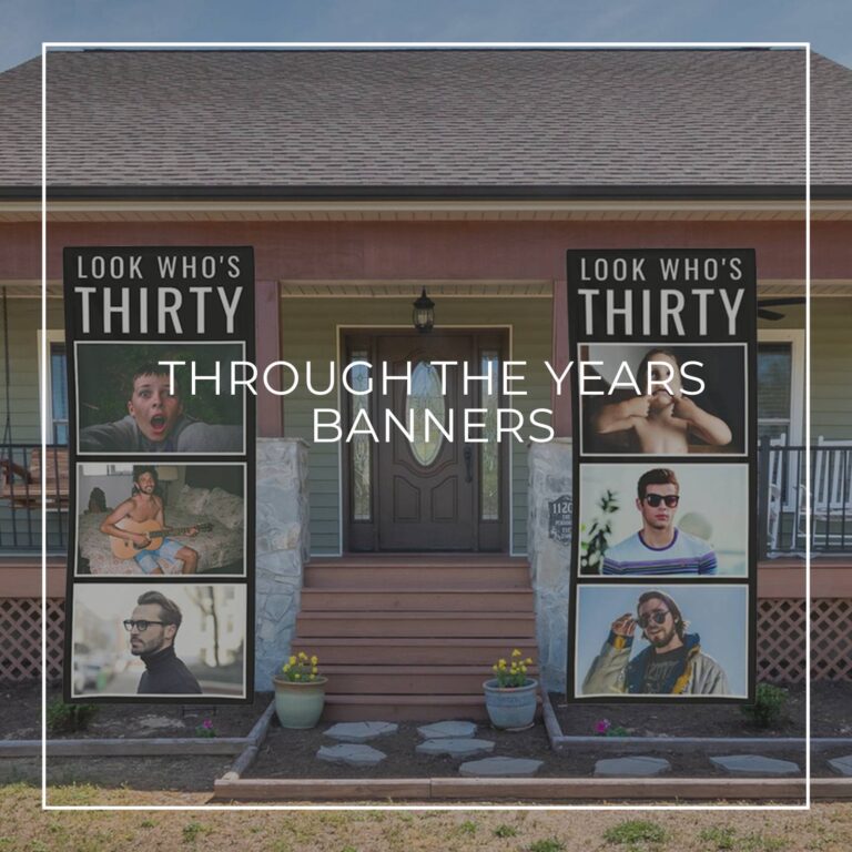 Look Who's Thirty custom photo vertical banners showing the birthday boy 'through the years' hung either side of house door