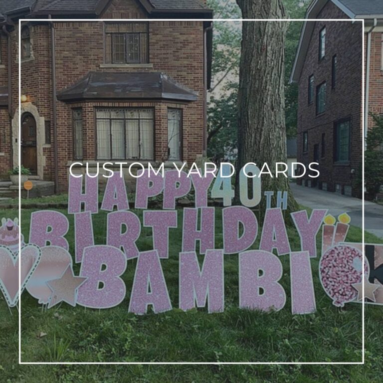 40th birthday party yard card decorations set up on front lawn outside house