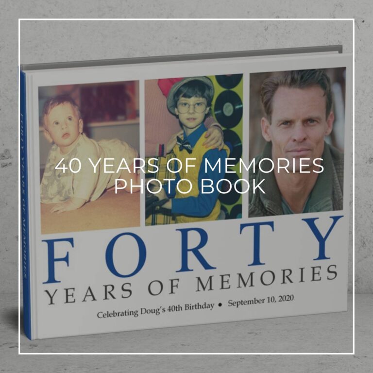 40 years of memories photo book showing the birthday boy through the years