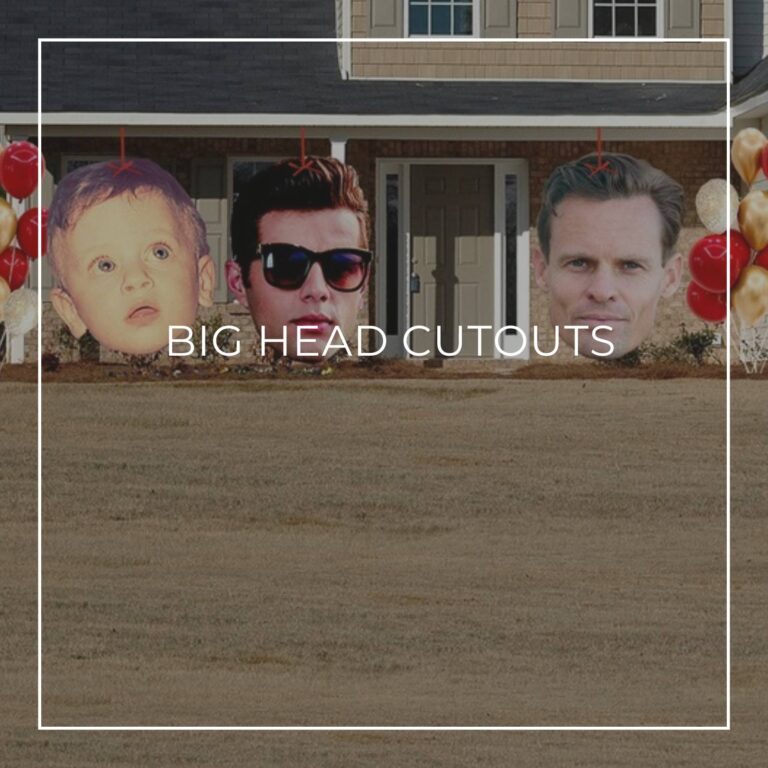 giant face cutouts showing the birthday boy over 40 years decorating the entrance to a house